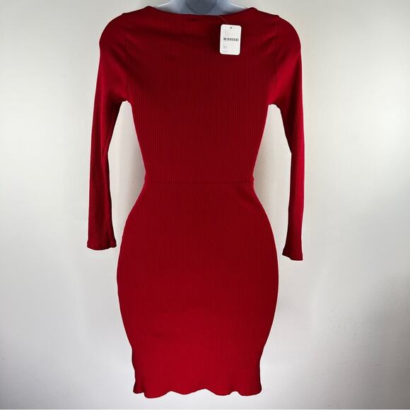 FREE PEOPLE Beach Red Ribbed Surplice Mini Dress NWT Long Sleeve Size XS Bodycon - Picture 5 of 8